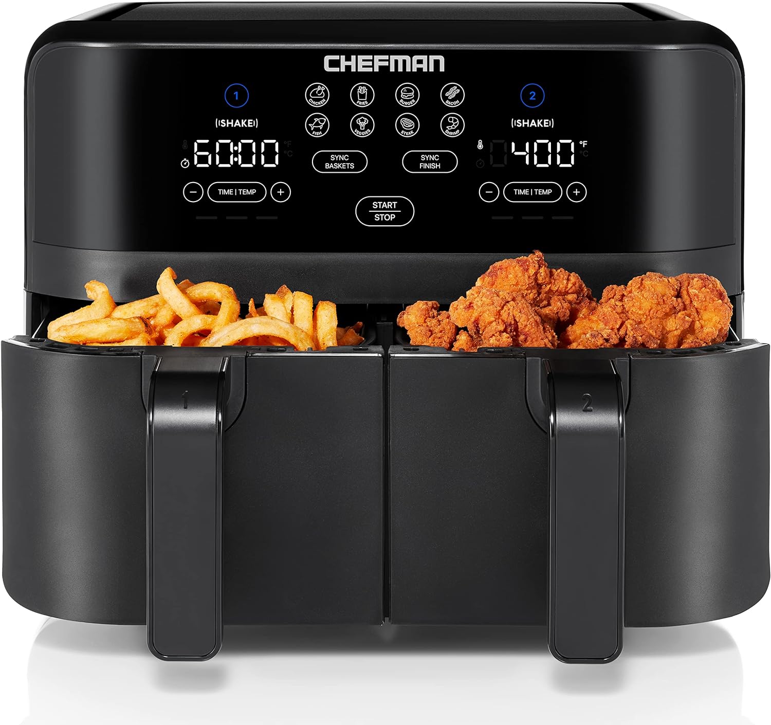 Chefman TurboFry Touch Dual Air Fryer, Maximize The Healthiest Meals With Double Basket Capacity, One-Touch Digital Controls And Shake Reminder For The Perfect Crispy And Low-Calorie Finish