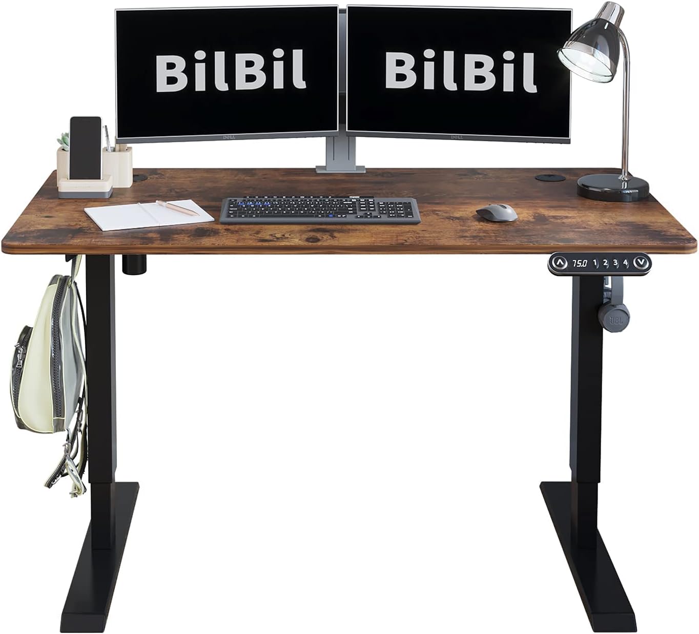 Electric Height Adjustable Standing Desk, 48 x 24 Inches Sit to Stand Desk Home Office Desk with Splice Board, Black Frame/Rustic Brown Top