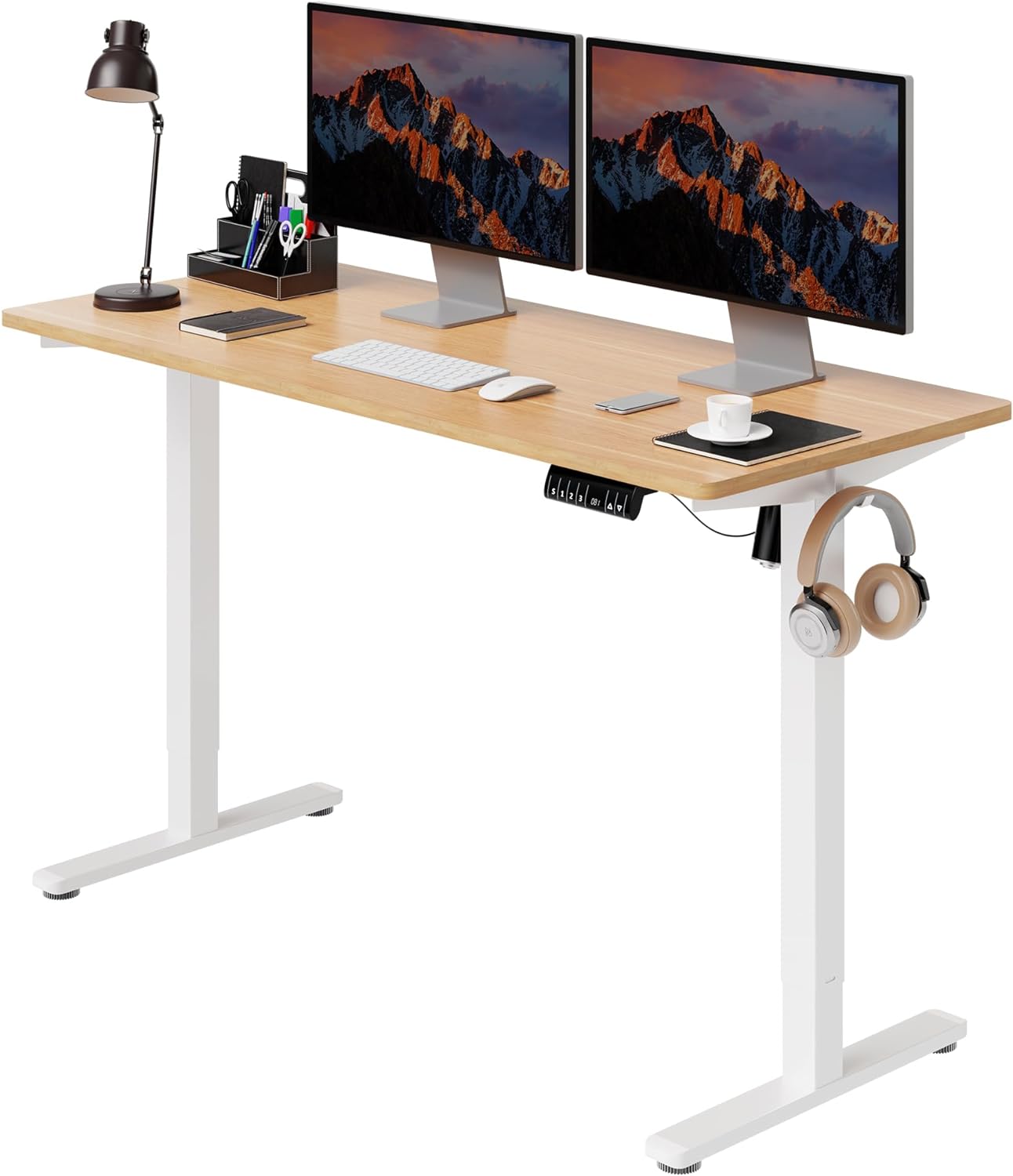 Shintenchi Electric Height Adjustable Standing Desk, 55 * 24 Inchs Stand Up Computer Desk, Sit Stand Work Desk for Home Office with Splice Board, (White Frame   Walnut Top)