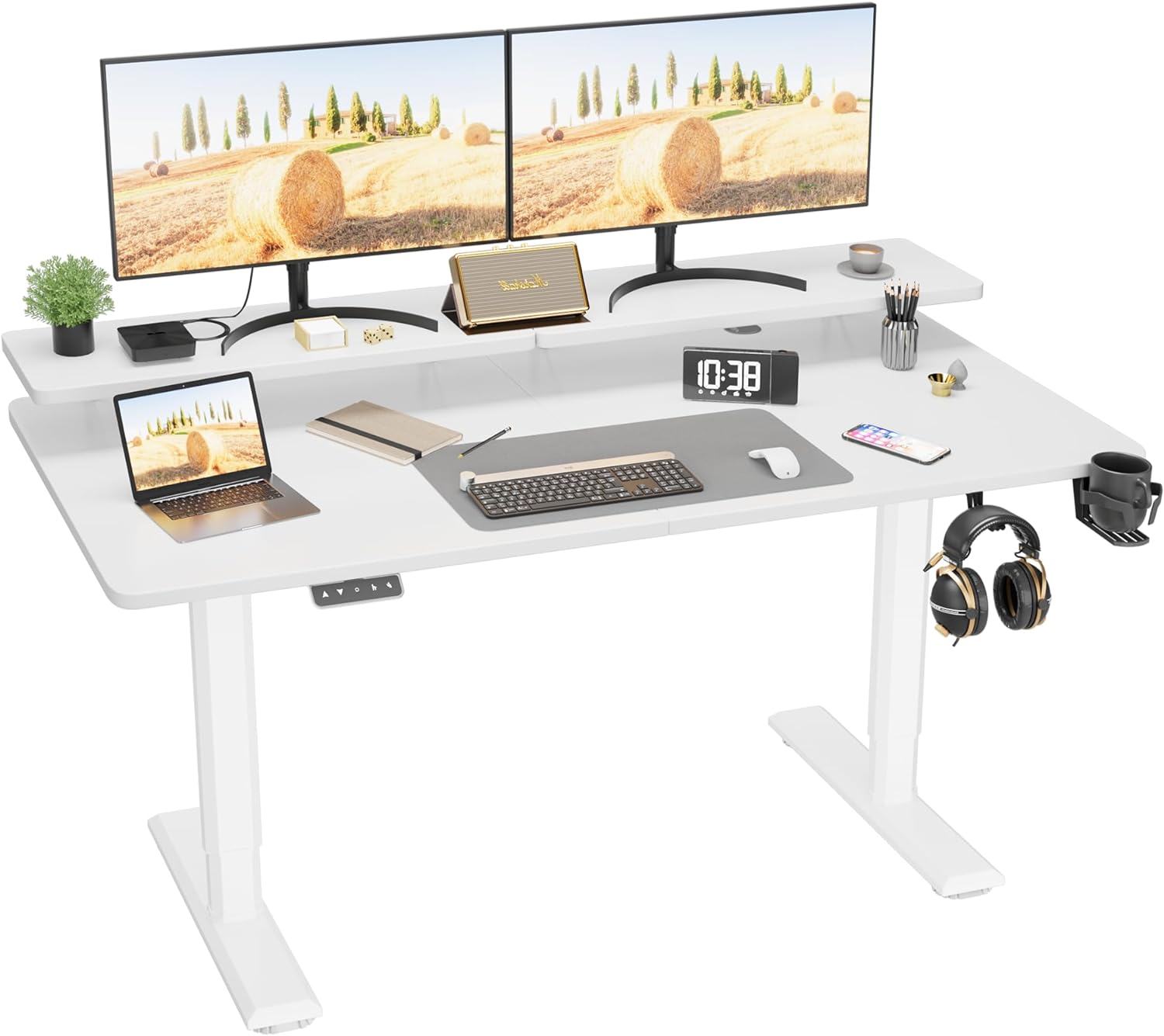 Electric Standing Desk with Monitor Stand, 55 x 24 Inch Height Adjustable Sit Stand up Desk, Home Office Computer Workstation with Cup Holder and Hook, Stand Table for Work, White