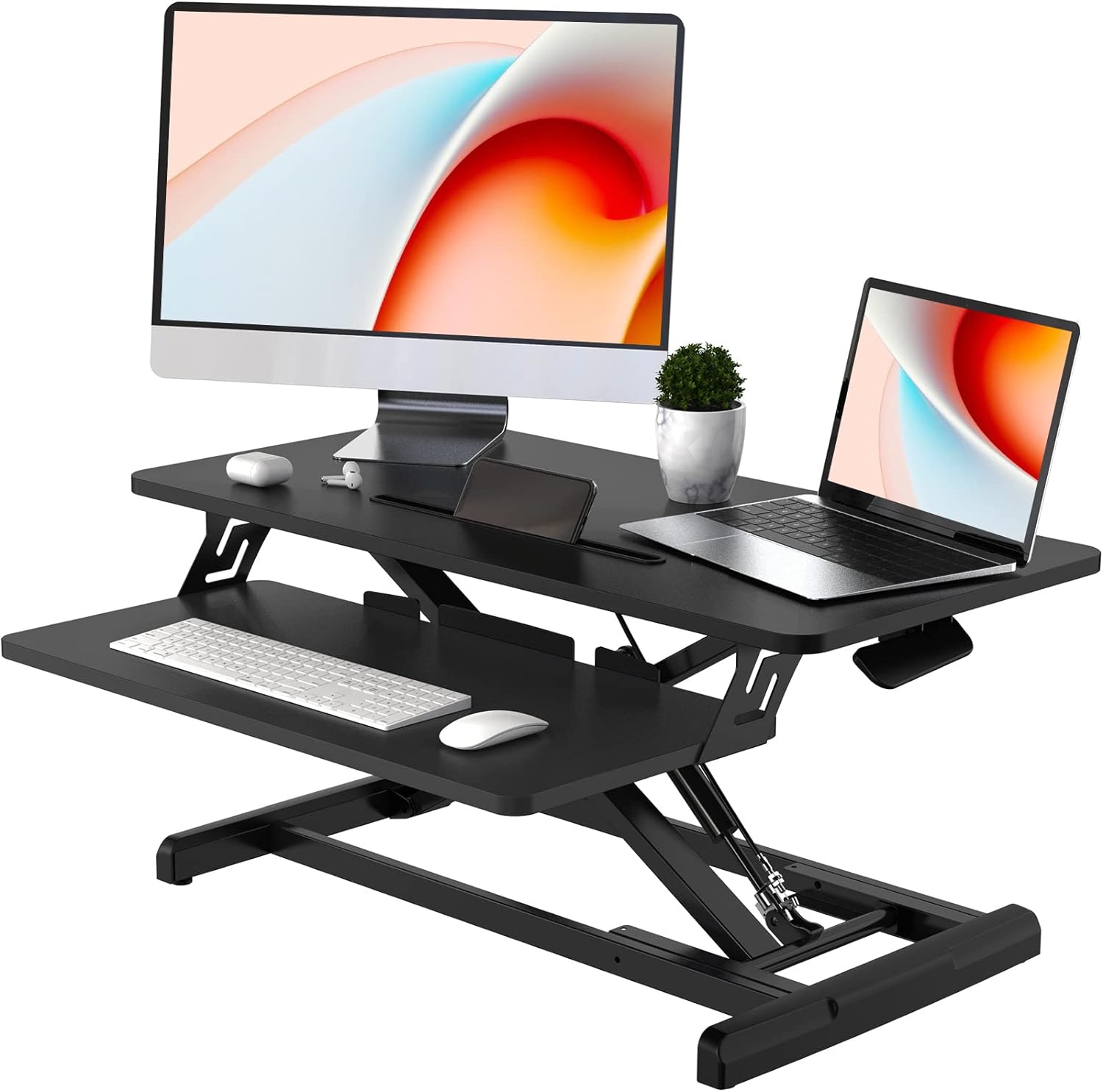 JOY worker Standing Desk Converter, 32 Wide Height Adjustable Sit Stand Up Desk Riser with Keyboard Tray, Desktop Workstation Riser for Home Office Computer Laptop, Particle Board, Black