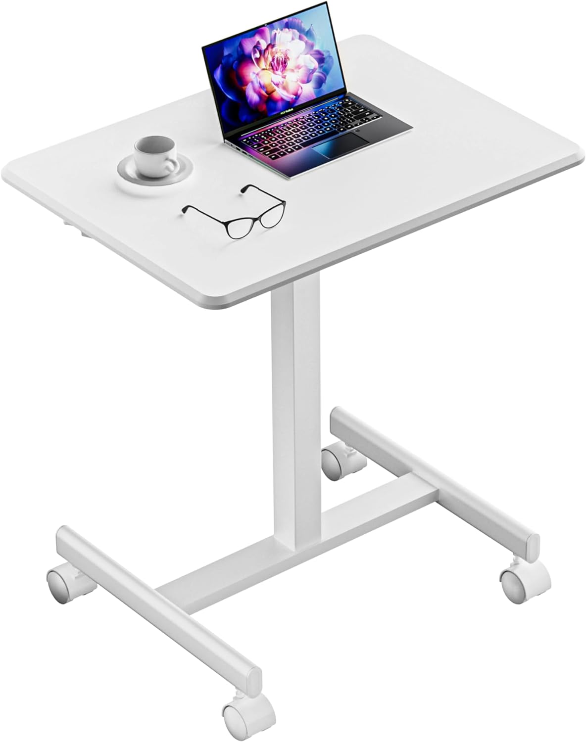 Mobile Standing Desk Adjustable Height, Portable Rolling Laptop Desk with Lockable Wheels and Hook, Sit Stand Up Desk, Standing Rolling Cart Desk with Gas Spring for Home, Office, Hospital