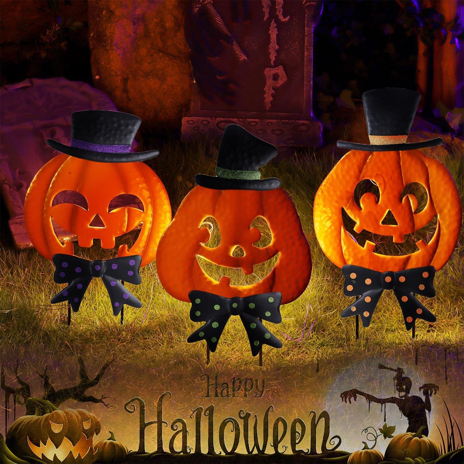 Juegoal 3 Pack Halloween Lighted Pumpkin Garden Stakes, Light Up Metal Jack-o-Lantern with Witch Hat, Outdoor Halloween Yard Signs Battery Powered & Timer, Decorative Pumpkin Figurine for Lawn Pathway