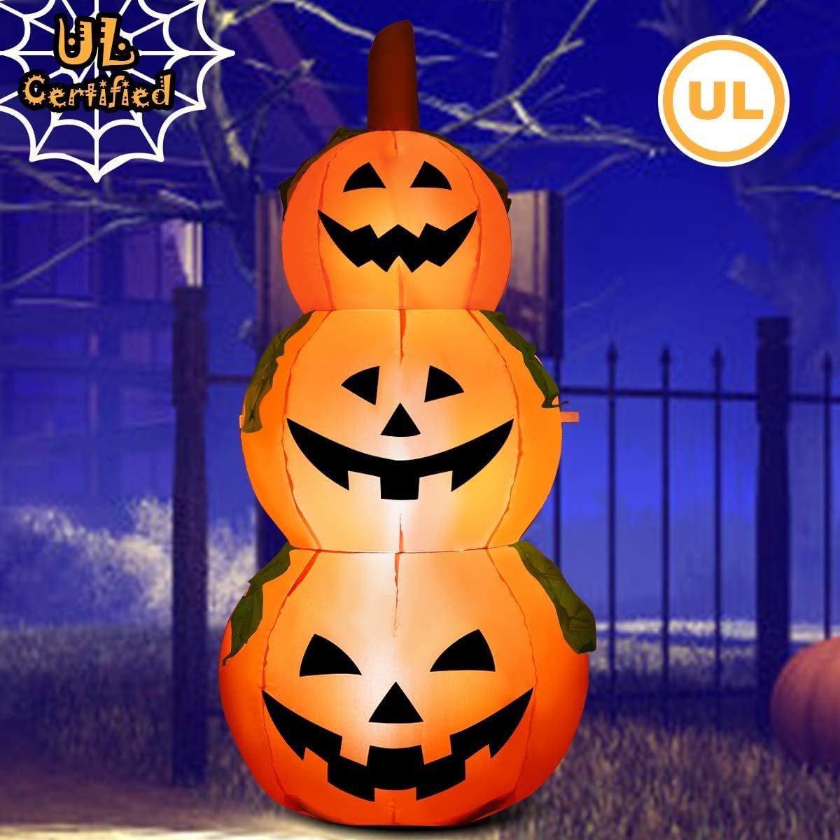 Tangkula 5.2 Ft Halloween Inflatable 3-Pumpkin Stack, Self Inflating Pumpkin Lantern with Internal LED Bulbs 190T Polyester Cloth & Waterproof Fan, Halloween Decorations Pumpkin