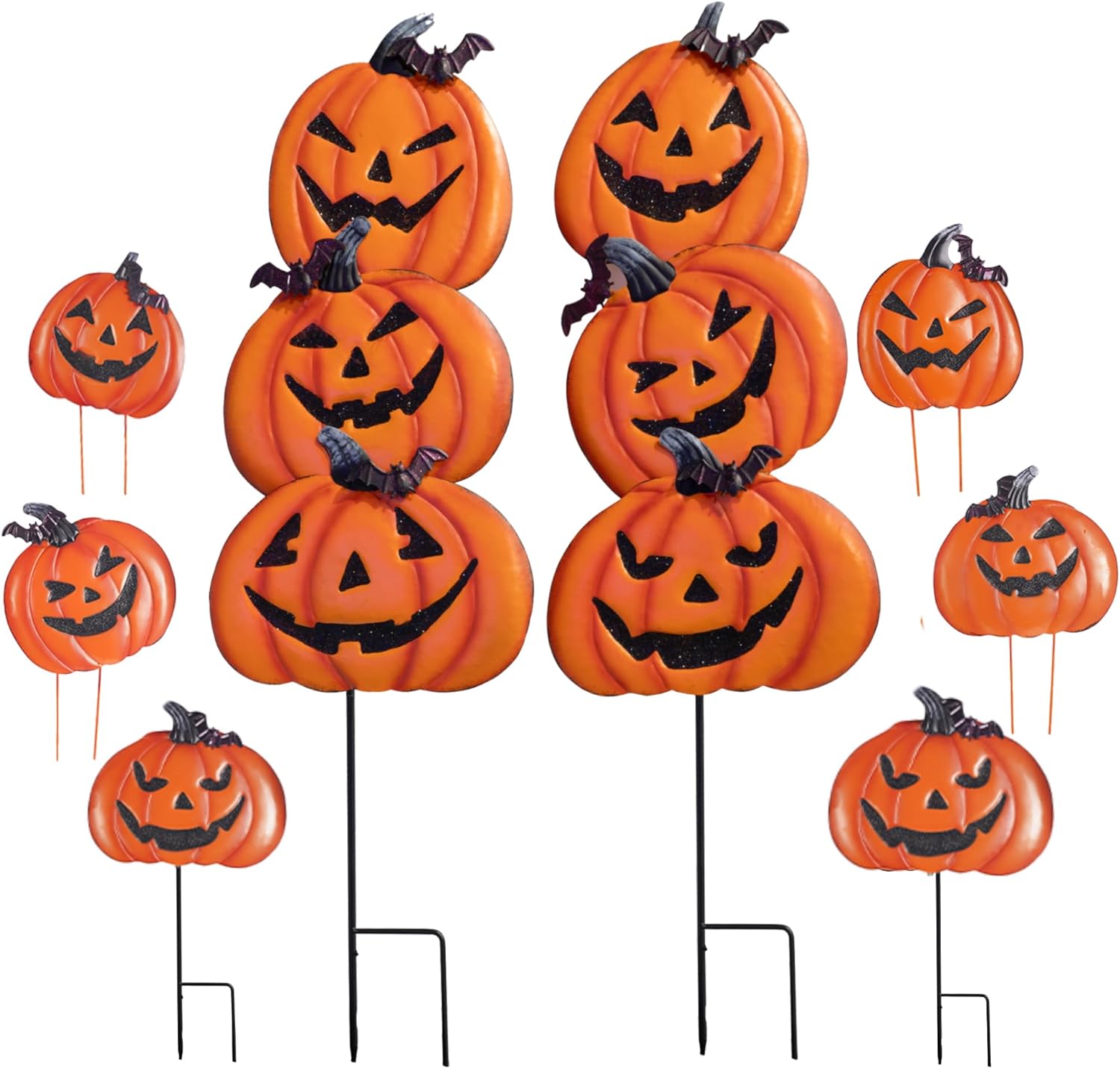 Hourleey Halloween Yard Stake, 37.5 in Metal Stack-able with Witch Hat, Halloween Pumpkin Yard Sign Stakes for Outdoor Front Yard Lawn Garden Decorations, 2 Pack