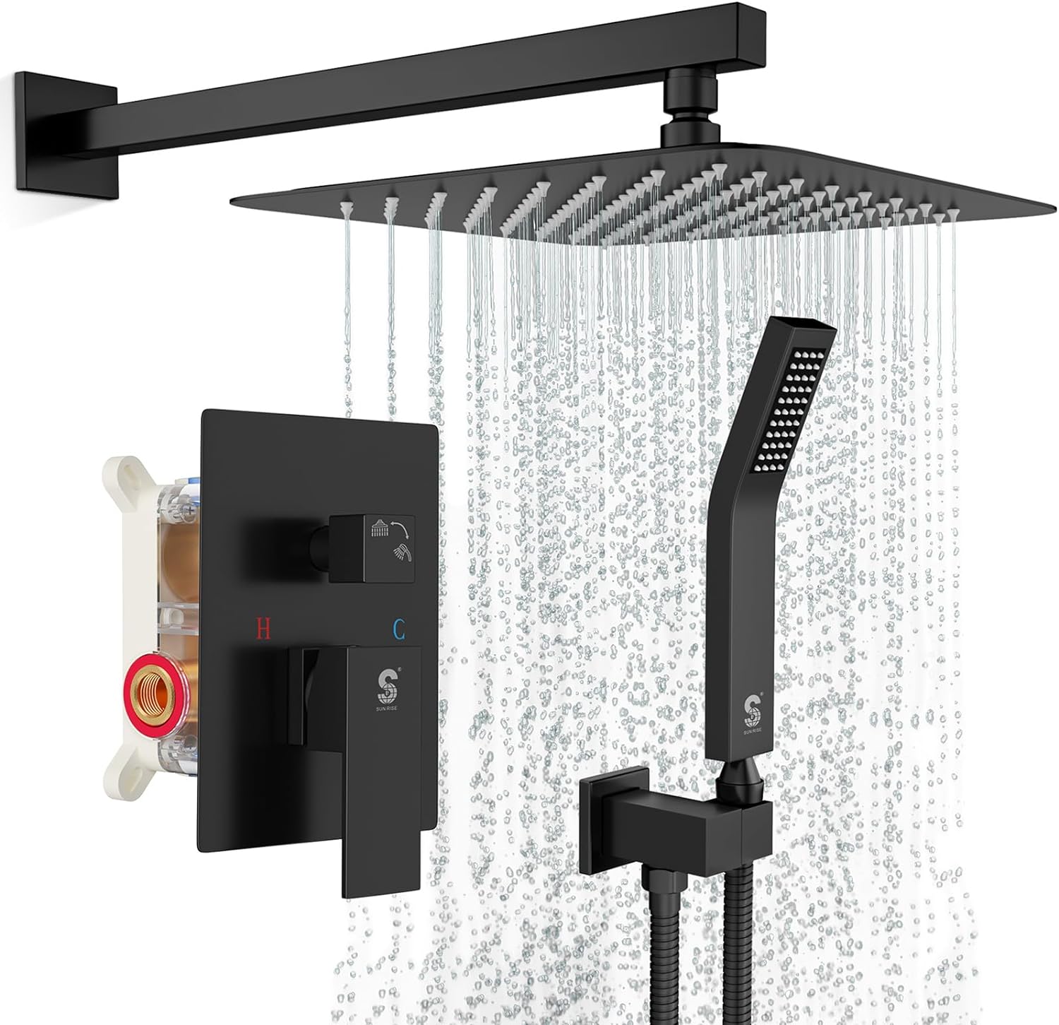 SR SUN RISE Black Square Rainfall Shower Head and Handle Set, Wall Mounted Shower Fixtures, Metal Shower Faucet Trim Repair Kits (With Shower Valve)