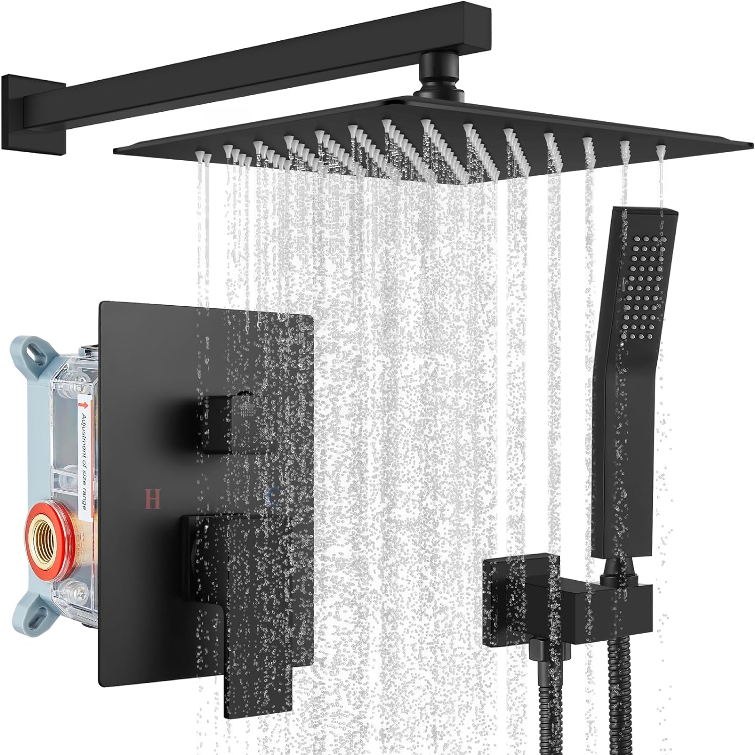 gotonovo Rainfall Shower System Matte Black with High Pressure 10 inch Shower Head Hand Held Square Shower Head Bathroom Luxury Rain Mixer Shower Complete Combo Set Wall Mounted