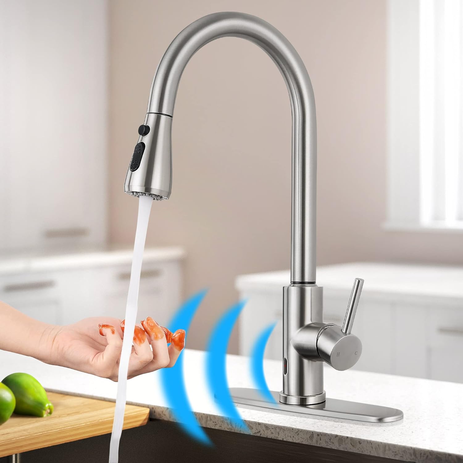 Qomolangma Touchless Kitchen Faucet with Pull Down Sprayer, Motion Single Handle Kitchen Sink Faucet with Pull Out Sprayer, Stainless Steel, Fingerprint Resistant, Brushed Nickel