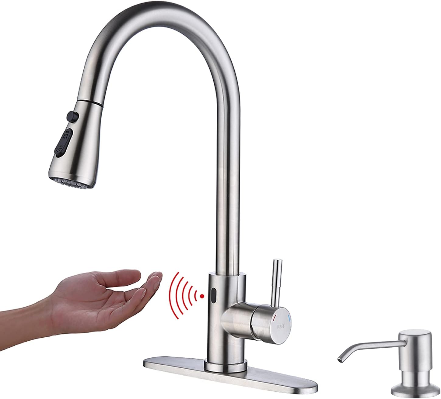 Touchless Kitchen Faucet with Pull Down Sprayer, Motion Sensor Kitchen Faucet with Kitchen Soap Dispenser, Single Kitchen Faucet High Arc Pull Out Faucet for Kitchen Sink RV KitchenBrush Nickel