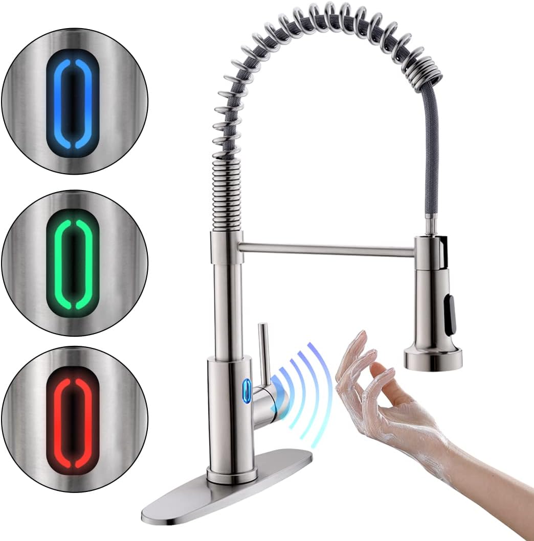 OWOFAN Touchless Kitchen Faucet with Pull Down Sprayer LED Light Single Handle Kitchen Sink Faucet Motion Sensor Smart Hands-Free, Stainless Steel Brushed Nickel 1080SN