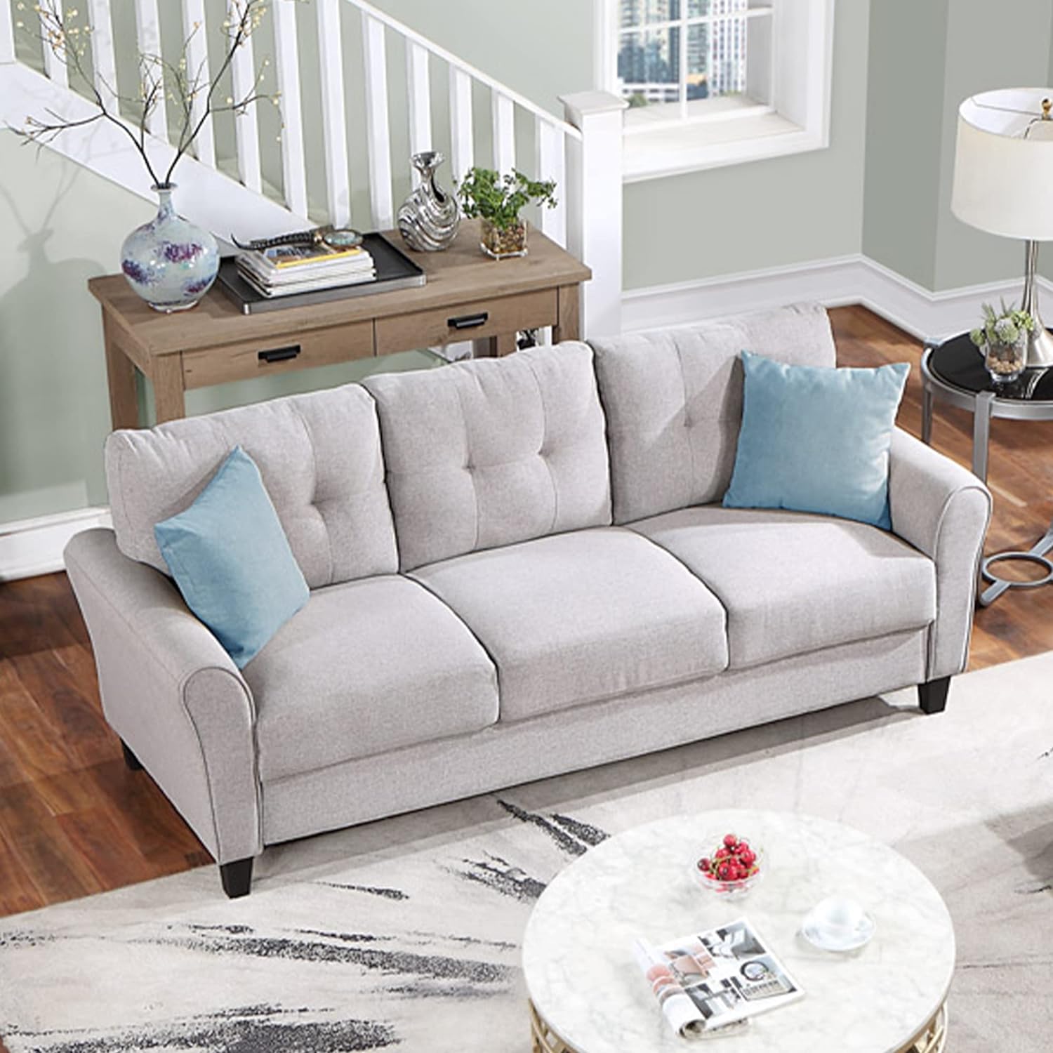 Harper & Bright Designs 79.9 Modern Style Button Tufted Linen Upholstered 3-seat Sofa, Three Seat Sofa Couch, Living Room Sofa for Home or Office, Light Gray