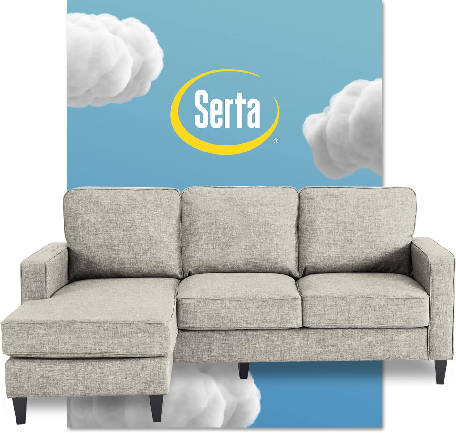 Serta Harmon Reversible Sectional Sofa, Modern L-Shaped Couch for Small Spaces, Soft Fabric Upholstery, Square Arm, Light Gray