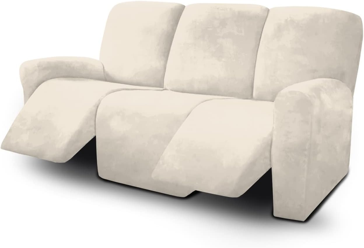 I just got these covers for a reclining sofa, reclining loveseat with console, and recliner chair. They seem to be good quality. Installation wasnt too bad and the instructions were clear. The hardest part was lying down in my back behind the furniture to find the elastic bands that I stuck through from the front. Having second person for that part would make it faster. I love the degree of stretch to easily fit my plush furniture. The dark gray is pretty and the velvet material is very soft. H