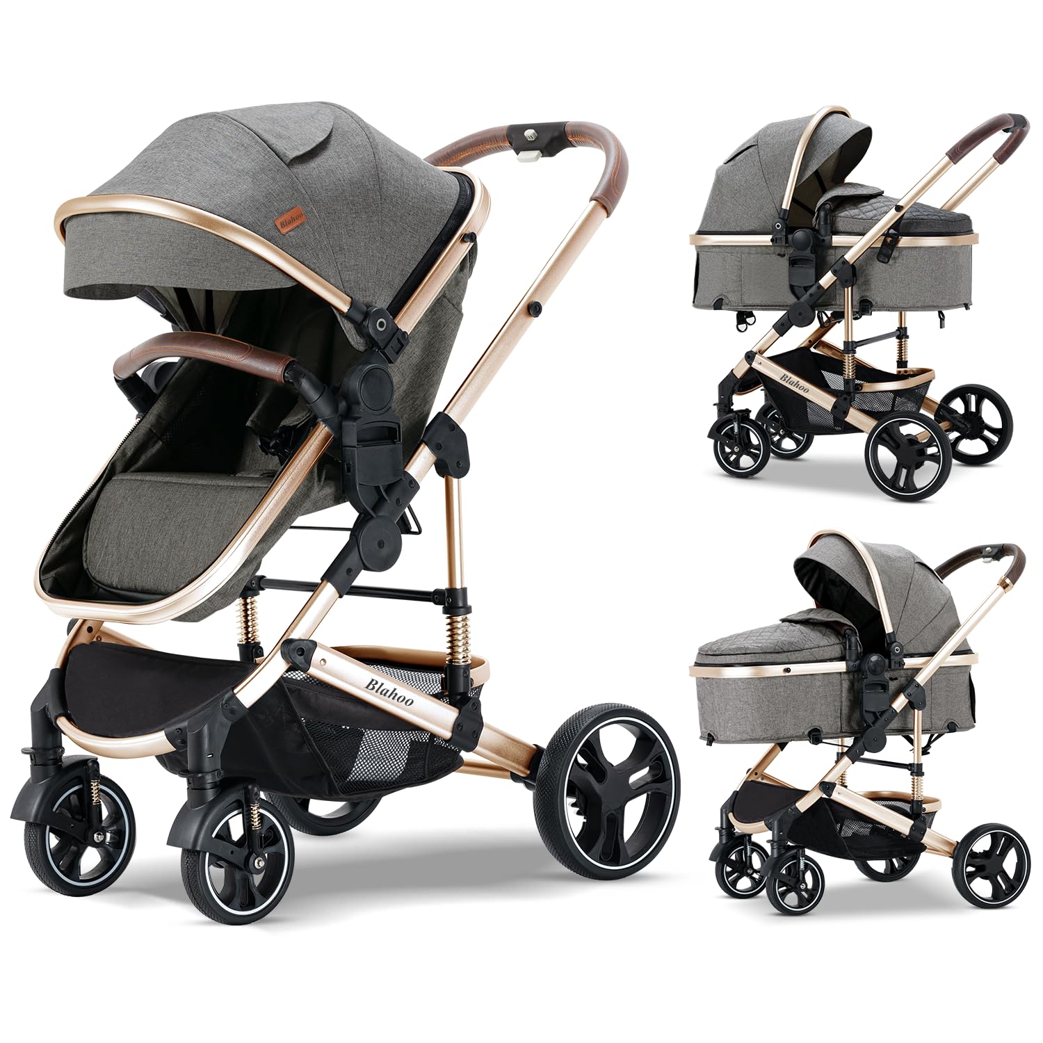 Blahoo Baby Stroller for Newborn, 2 in1 High Landscape Stroller, Foldable Aluminum Alloy Pushchair with Adjustable Backrest. Bassinet Stroller(Gold Gray)