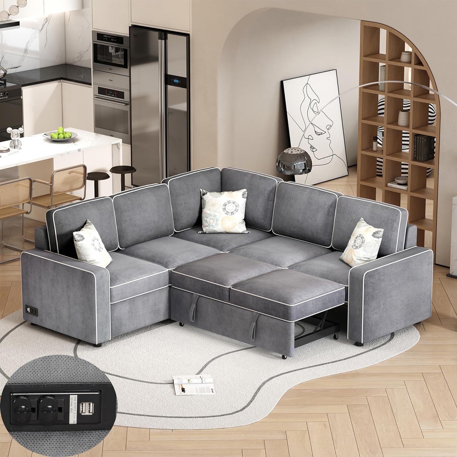 L-Shaped Corner Symmetrical Sleeper Sectional Sofa with Pull Out Couch Bed and 3 Pillow, Multifunctional Modular Convertible Sofa&Couch Cum Sofabed W/2 USB Ports, Power Sockets for Living Room