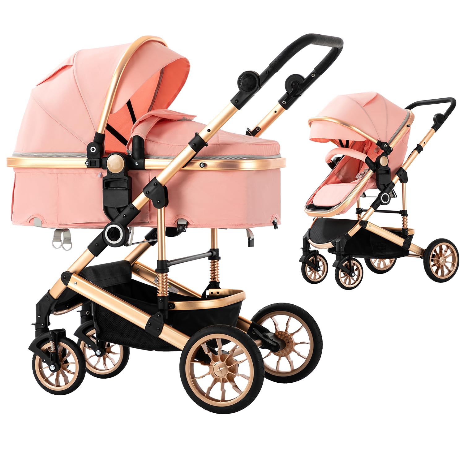 Blahoo Baby Stroller for Newborn, 2 in1 High Landscape Stroller, Foldable Aluminum Alloy Pushchair with Adjustable Backrest. Bassinet Stroller(Pink)