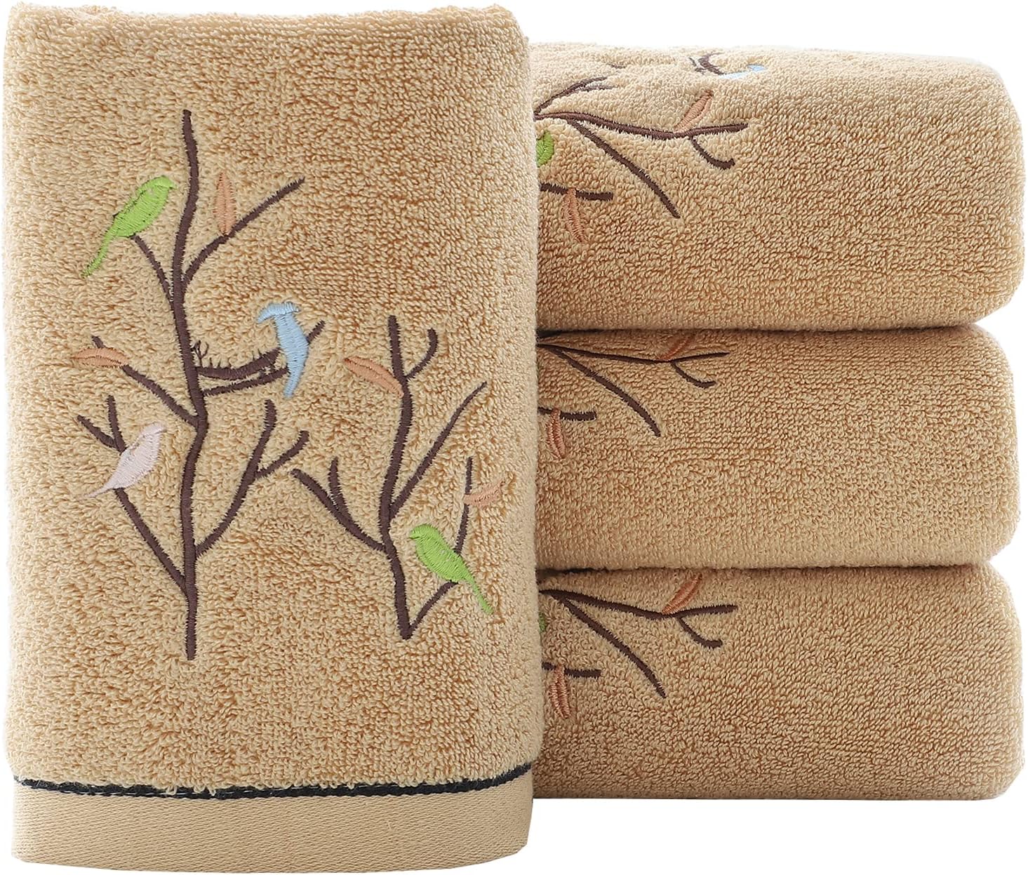 Pidada Hand Towels Set of 4 Embroidered Bird Tree Pattern 100% Cotton Absorbent Soft Decorative Towel for Bathroom 13.8 x 29.5 Inch (Brown)