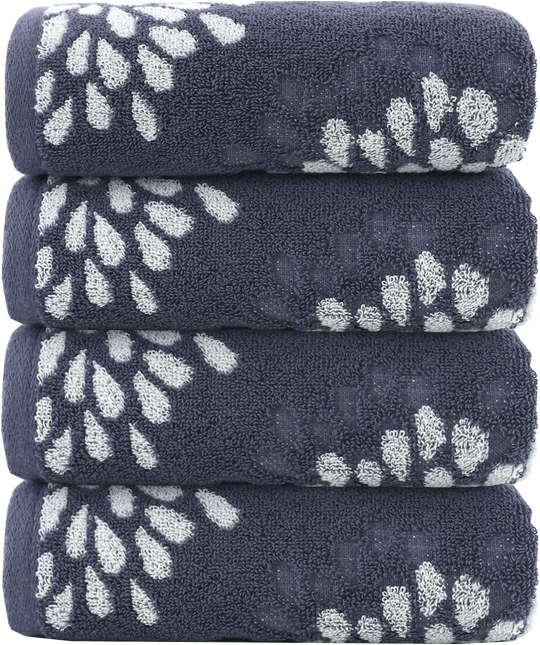 Pidada Hand Towels Set of 4 Hydrangea Floral Pattern 100% Cotton Absorbent Soft Decorative Towel for Bathroom (Denim Blue)