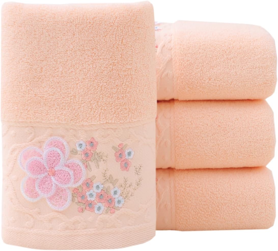 Pidada Hand Towels Set of 4 Embroidered Floral Pattern 100% Cotton Absorbent Soft Decorative Towel for Bathroom (Pink)