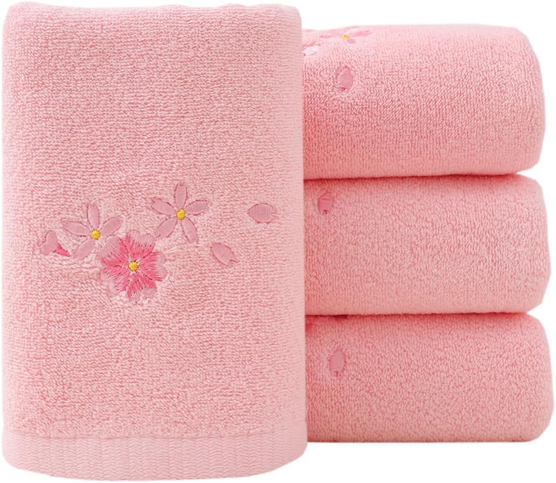 Pidada Hand Towels Set of 4 Floral Pattern 100% Cotton Absorbent Soft Decorative Towel for Bathroom (Pink)