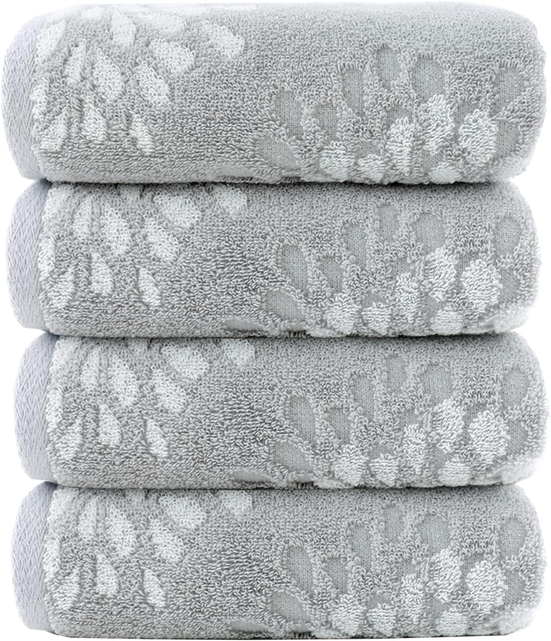 Pidada Hand Towels Set of 4 Hydrangea Floral Pattern 100% Cotton Absorbent Soft Decorative Towel for Bathroom (Light Grey)