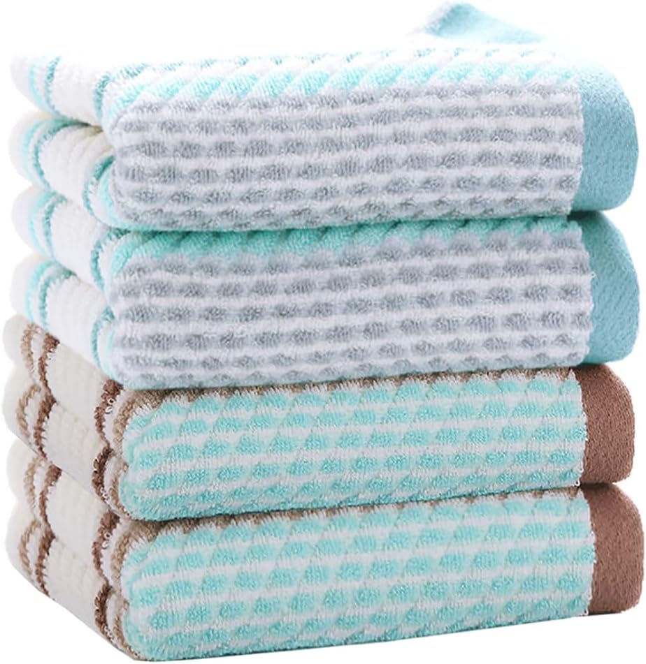 Great hand towels. Gave them a first machine wash. Washed great, minimal lint. I love the design and color combo, aqua & brown. The thickness is good, medium which is what I like. Thick towels are bulky & take too long to dry on towel rack. Towels are a bit narrow then what I'm used to, but that' ok, length is good. The price is right, better deal when you buy 4 and not 2. Made in China, I'd prefer USA or India. These towels are keepers, highly recommend. Will definitely buy again.