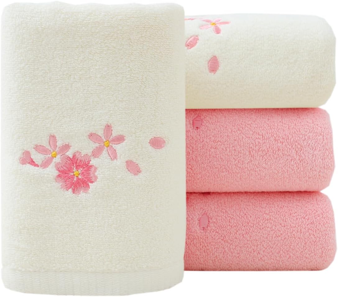 Pidada Hand Towels Set of 4 Floral Pattern 100% Cotton Absorbent Soft Decorative Towel for Bathroom (Pink & Ivory)