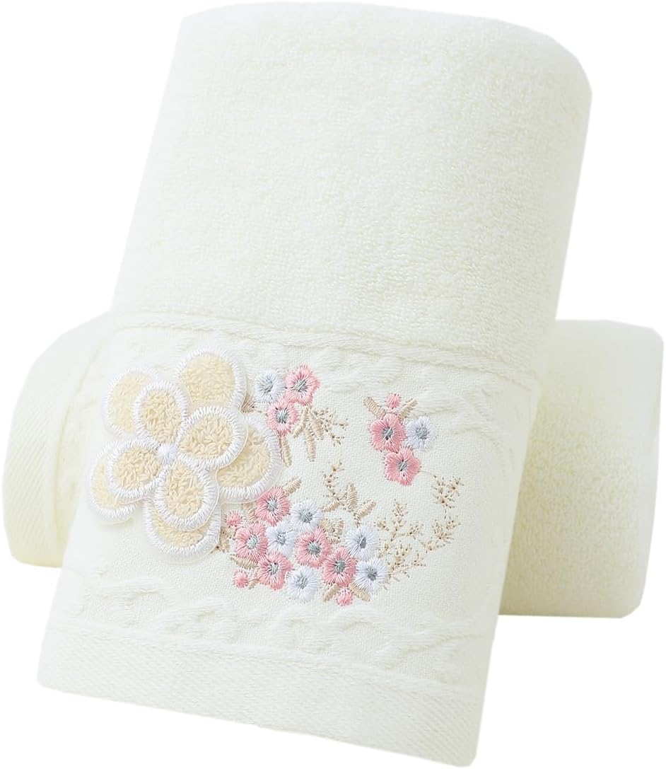 Pidada Hand Towels Set of 2 Embroidered Floral Pattern 100% Cotton Absorbent Soft Decorative Towel for Bathroom (Ivory)