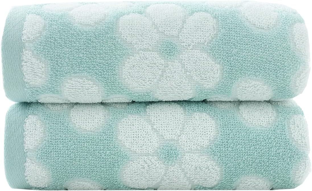 Pidada Hand Towels Set of 2 Floral Pattern 100% Cotton Soft Absorbent Decorative Towel for Bathroom (Green)