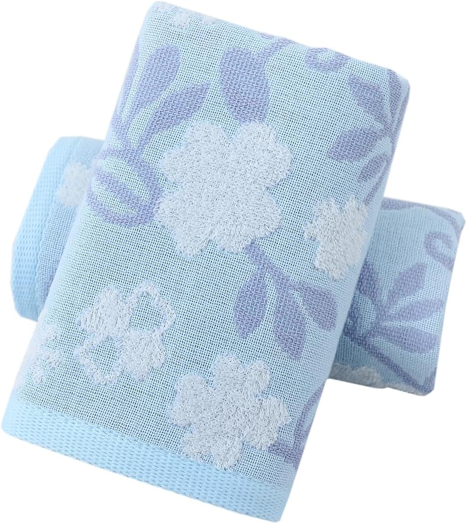 Pidada Hand Towels Set of 2 Floral Pattern 100% Cotton Absorbent Soft Decorative Towel for Bathroom (Blue)