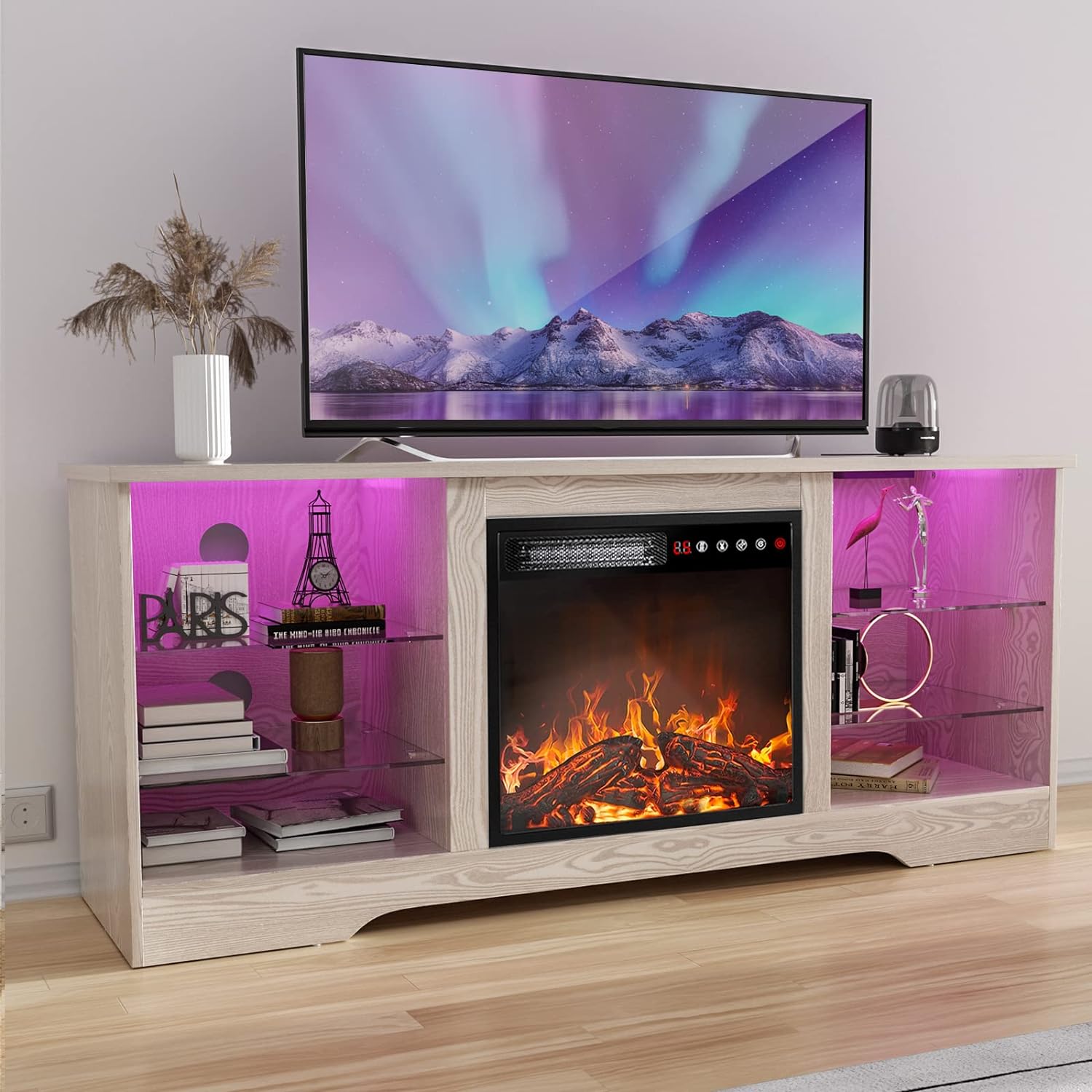 Fireplace TV Stand with 18''Fireplace, Modern Entertainment Center for TVs up to 65 inch, Media TV Console with Adjustable Glass Shelves and Storage Cabinets,Farmhouse TV Stand (Beige)