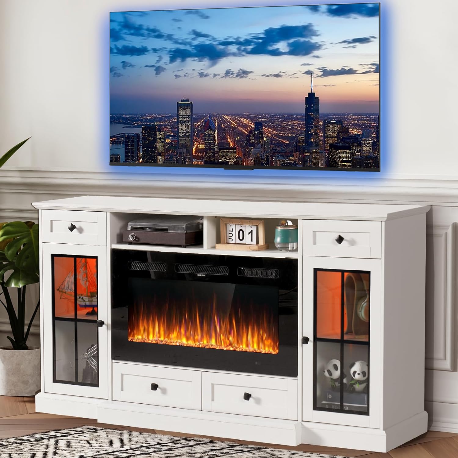 oneinmil 68 Fireplace TV Stand for TVs up to 78 Inch, Entertainment Center with 36 Electric Fireplace, Glass Doors, Media Console Cabinet for Living Room, White