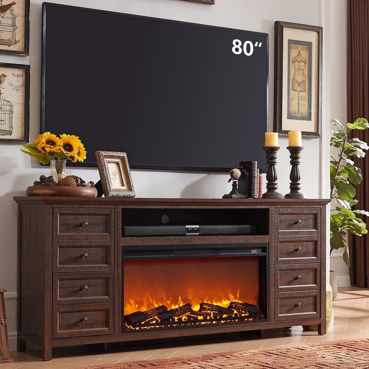 Fireplace TV Stand for TVs up to 80 Inches, Farmhouse Entertainment Center w/36 Electric Fireplace & 4 Faux Double Drawers, Large Media Console Cabinet for Living Room, 70 Inch, Brown