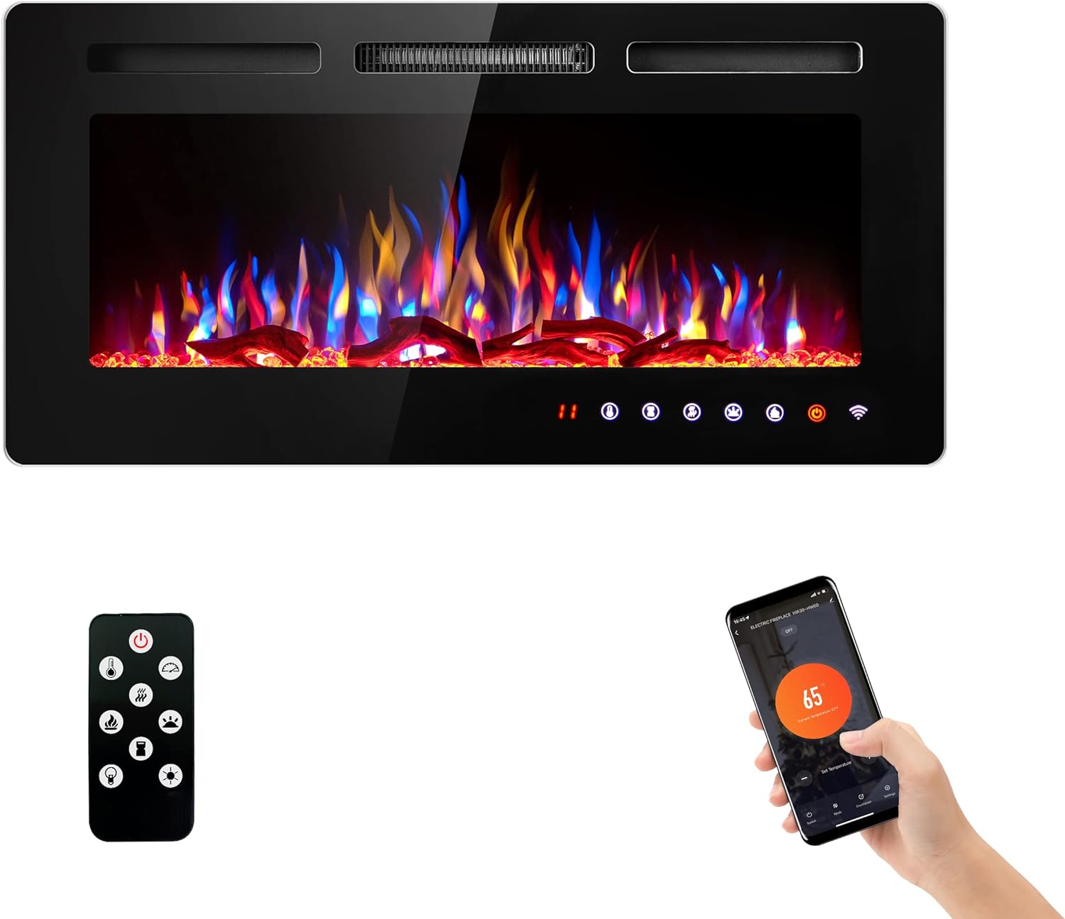 42 Electric Fireplace with Wi-Fi/Remote Control Wall Mounted and Recessed, Low Noise Fireplace with Timer, Touch Screen, Adjustable Flame Color and Speed, 750W/1500W, Log Set & Crystal