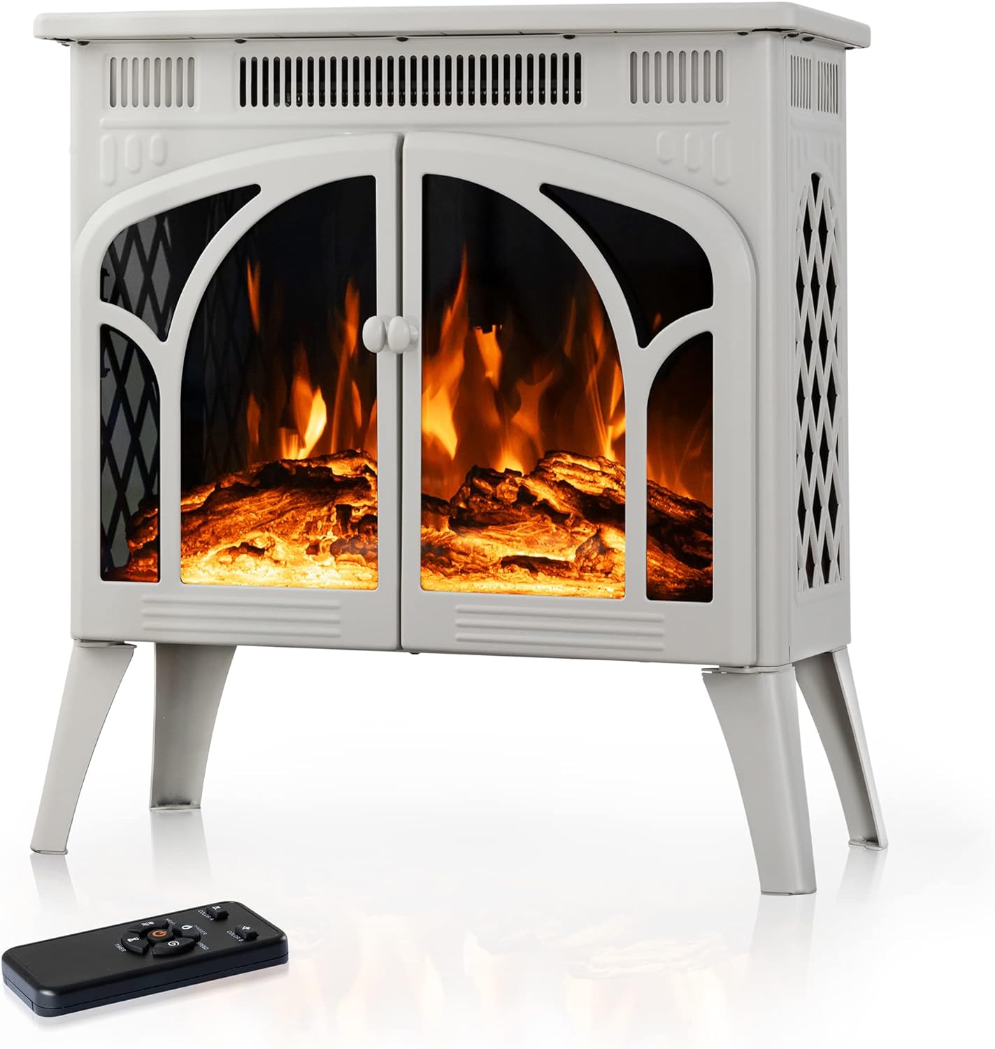 24Inch Electric Fireplace Stove, Free-Standing Infrared Fireplace Stove, Controllable 3D Flame, 4 Variable Flame&Log Colors, 1500w, 5100BTU, Beige