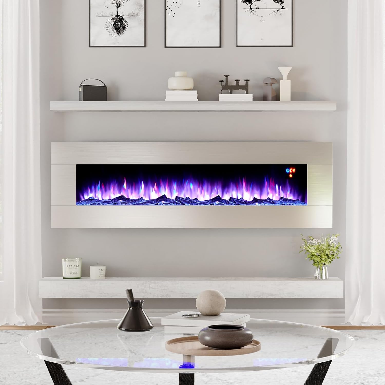 60 Wall Mount Electric Fireplace, Stainless Steel Wall Hanging Fireplace with Remote, 6 Color 5 Brightness Log & Crystal Flame, Top Vent, Electric Heater for Living Room or Bedroom, Allsteel