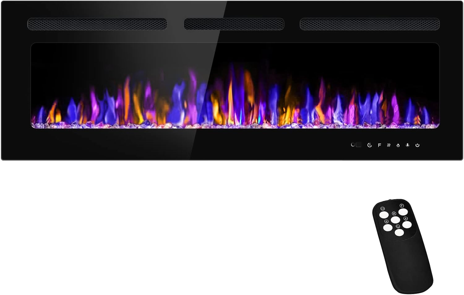 50 Electric Fireplace Wall Mounted and Recessed with Remote Control, 750/1500W Ultra-Thin Wall Fireplace Heater W/Timer Adjustable Flame Color and Brightness, Log Set & Crystal Options