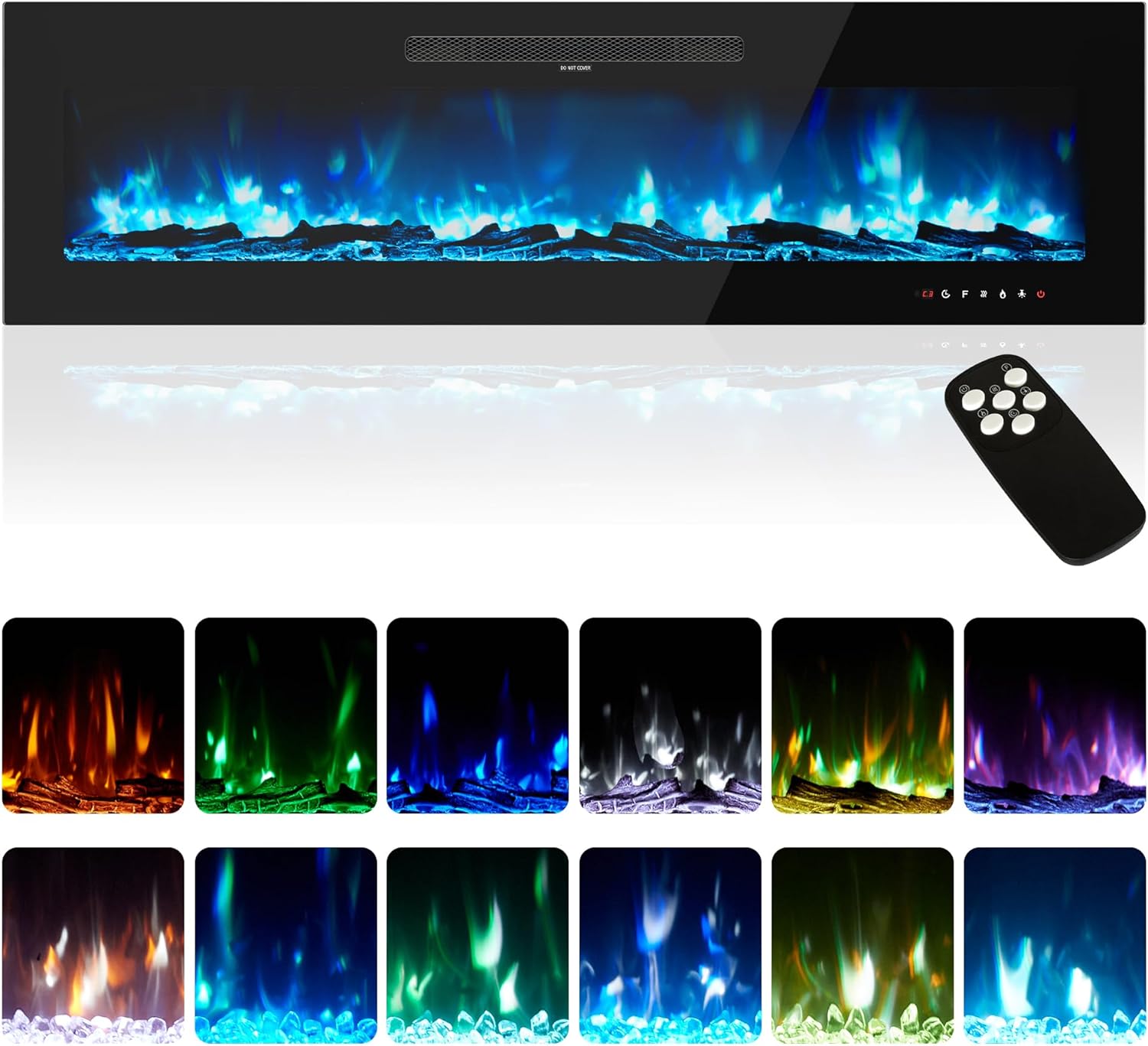 60 Electric Fireplace Wall Mounted, Recessed and Freestanding, Fireplace Heater W/12 Flame Color and Brightness, Touch Screen & Remote Control, Log Set & Crystal Included, Black