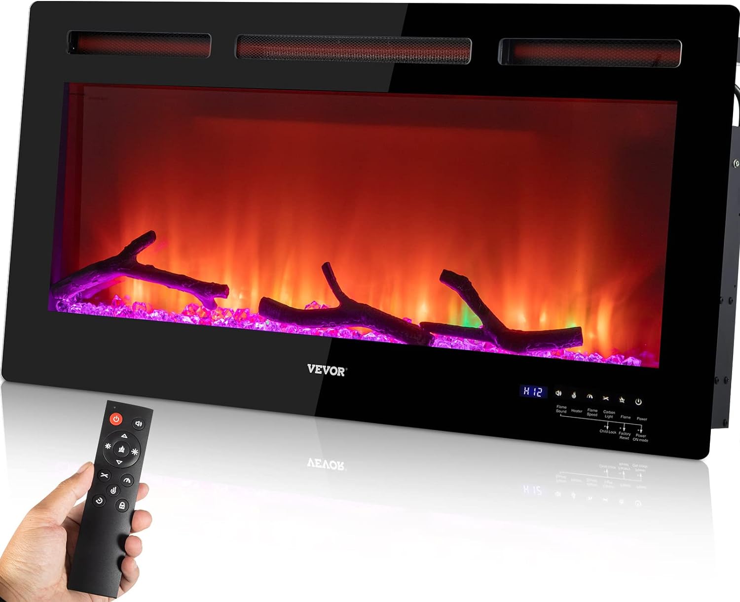 Electric Fireplace, 36-inch Recessed and Wall Mounted, Fit for 2 x 4 and 2 x 6 Stud, Adjustable Flame Colors and Speed with Remote Control & Timer, 1500 W, Black