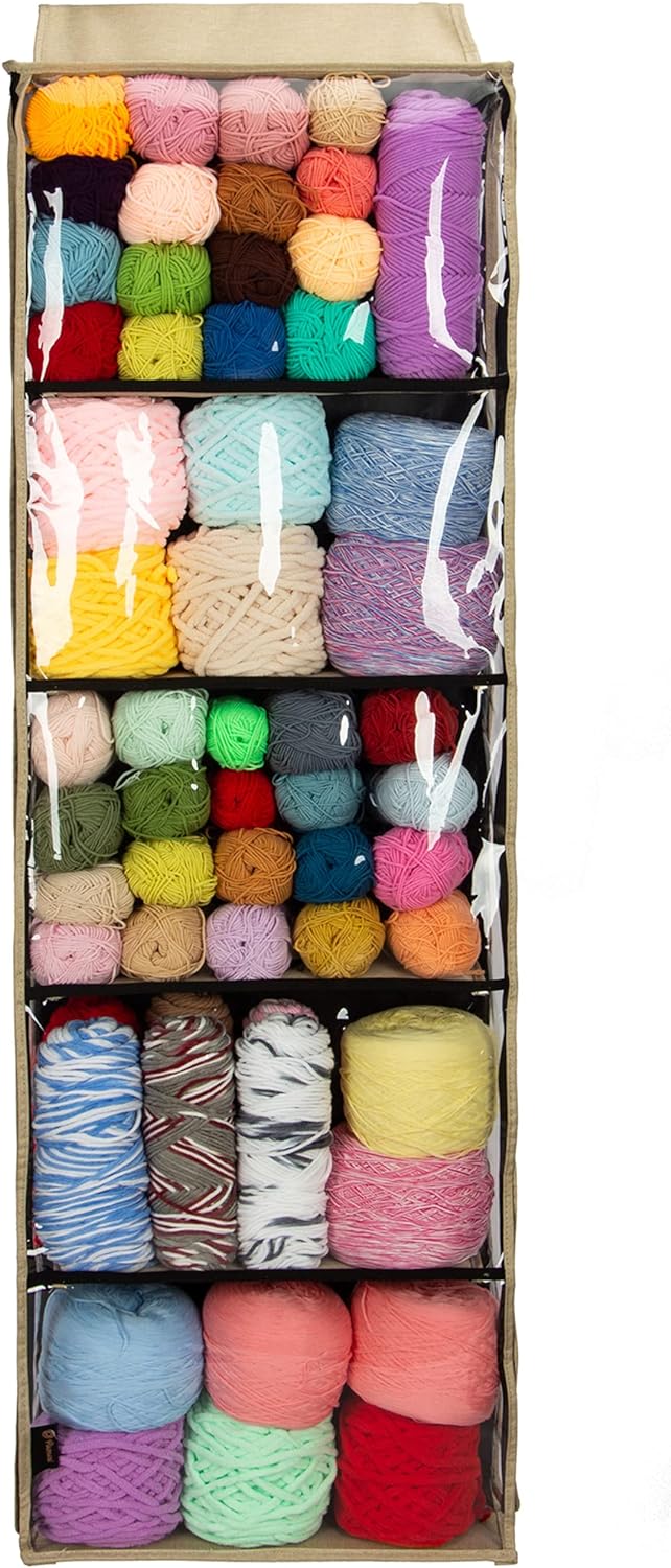 Hanging Yarn Storage Knitting Organizer Storage with 5 Compartments, Clear Wall Display Bulk Yarn Organizer for Knitting Needles, Crochet Hooks(Large Size) (Linen)