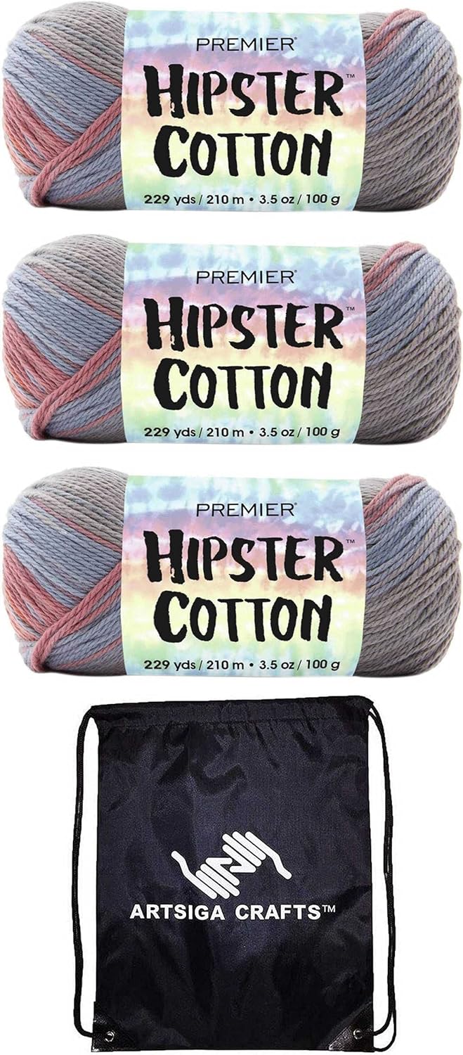 Premier Yarns Knitting Yarn Hipster Cotton Yarn Canyon Walls 2010-13 (3-Skeins) Same Dye Lot DK Light Worsted #3 Soft 100% Cotton Bundle with 1 Artsiga Craft Bag