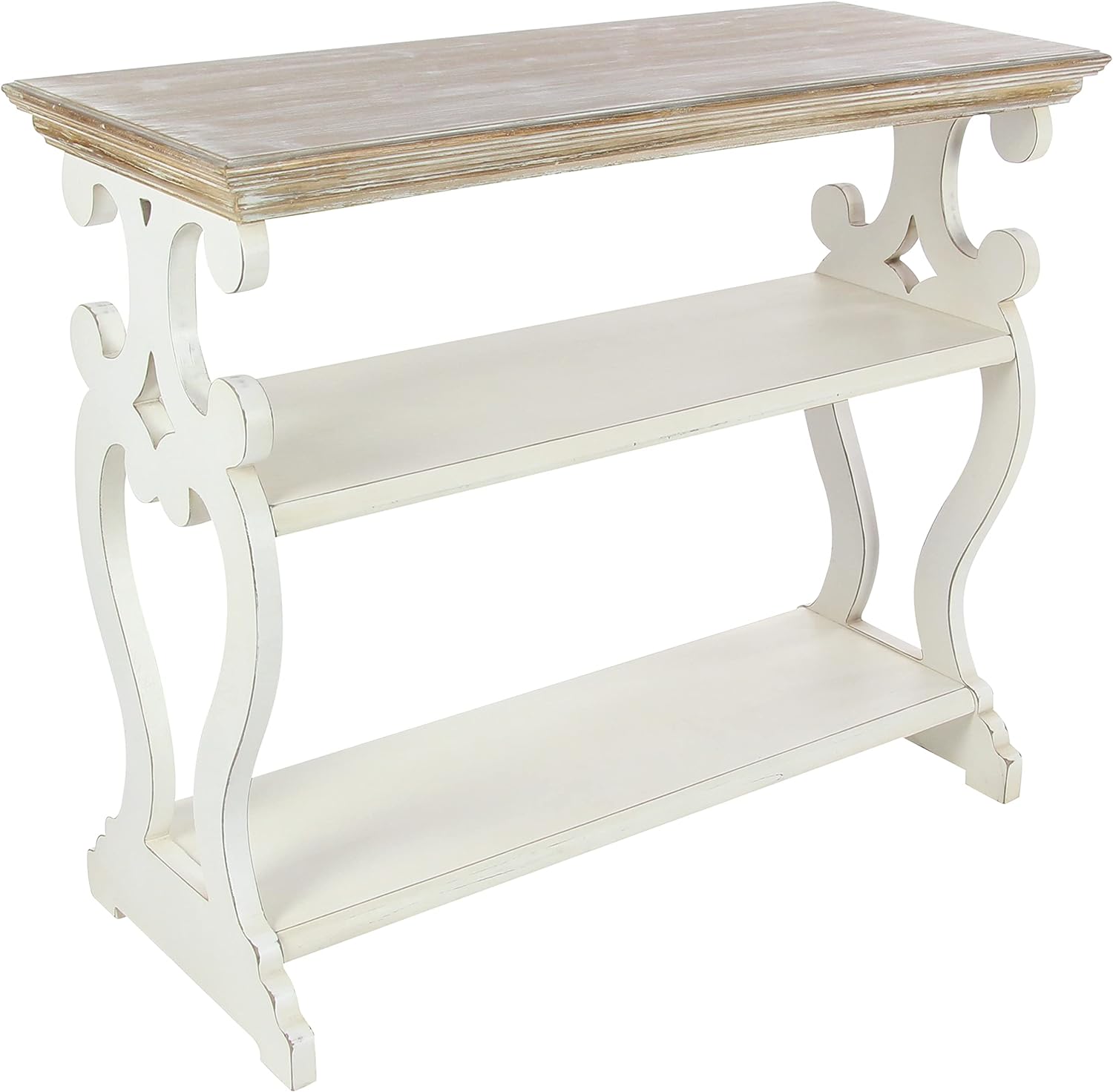 Deco 79 Wood Scroll Side Frames 2 Shelf Console Table with Brown Wood Top, 38 x 15 x 32, White