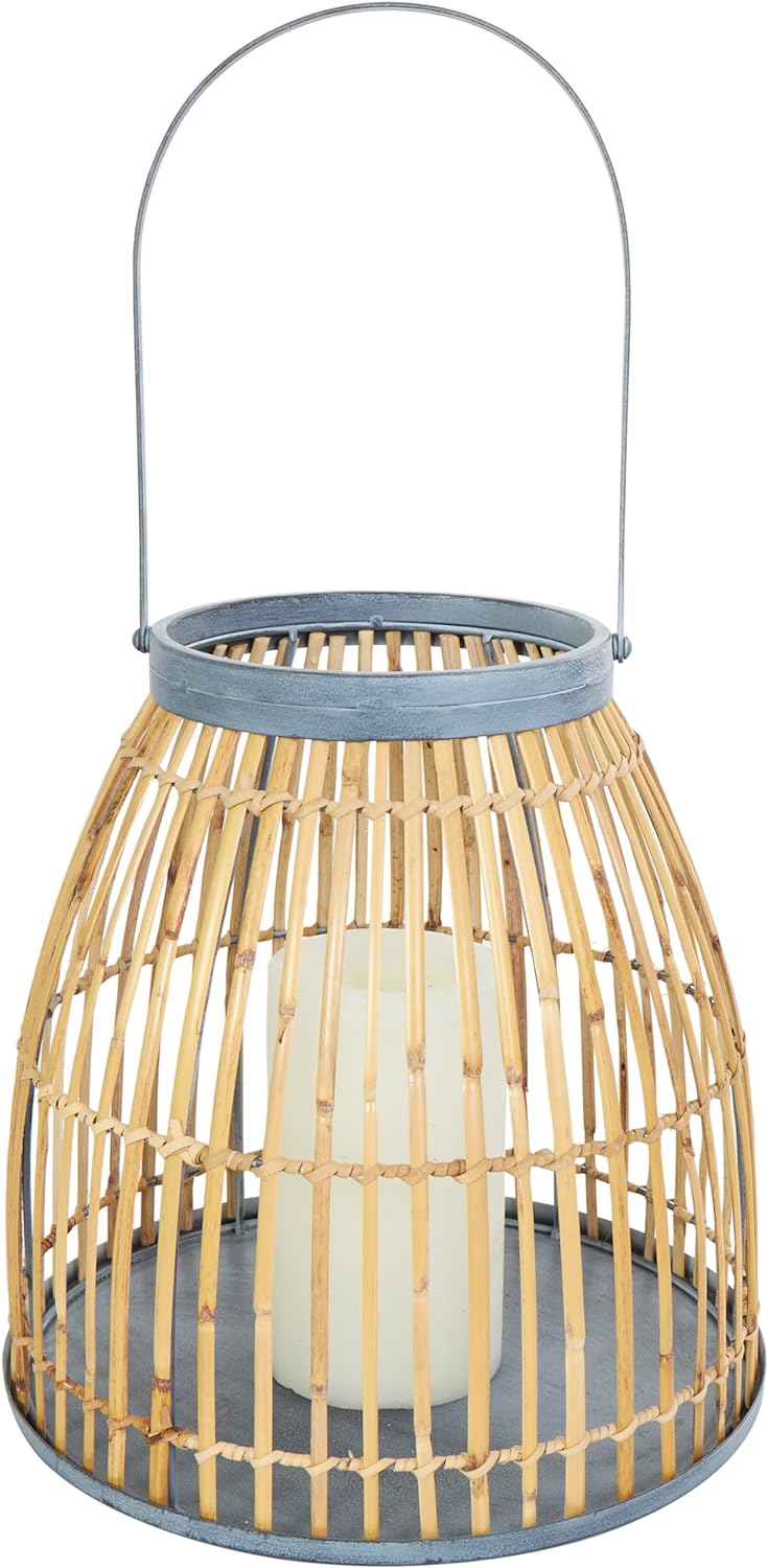 Deco 79 Bamboo Handmade Woven Open Framed Caged Style Candle Lantern with Blue Metal Accents and Handle, 13 x 13 x 13, Brown