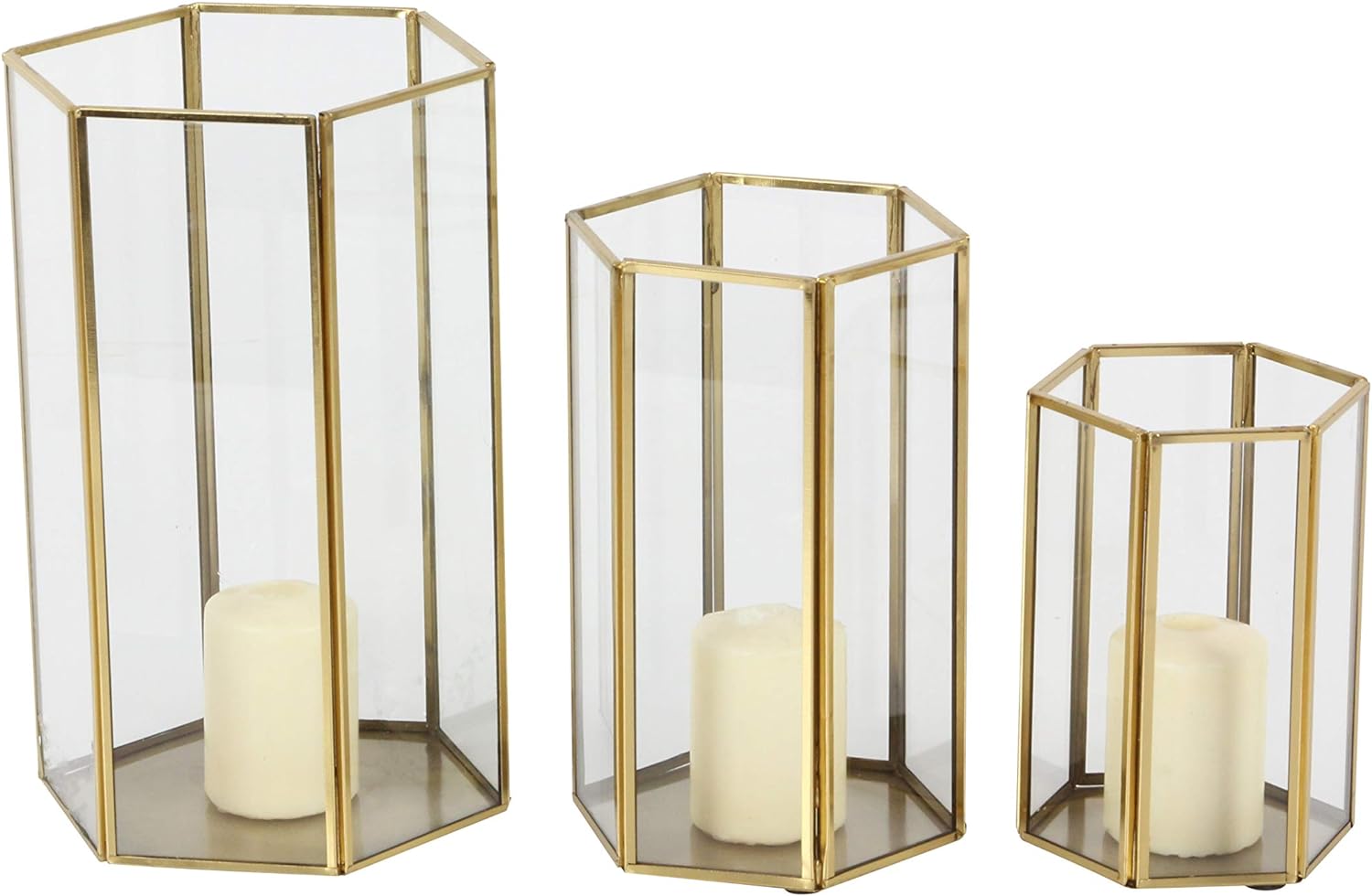 CosmoLiving by Cosmopolitan Glass Pillar Candle Lantern with Metal Plate, Set of 3 6, 8, 10H, Gold