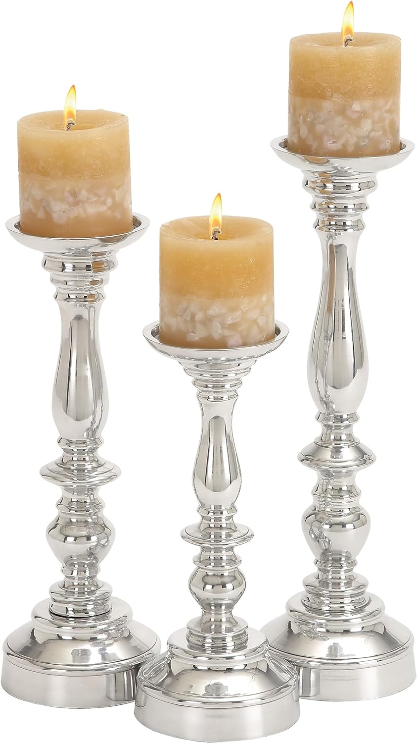 Deco 79 Traditional Aluminum Solid Candle Holder, Set of 3 14, 12, 10H, Silver