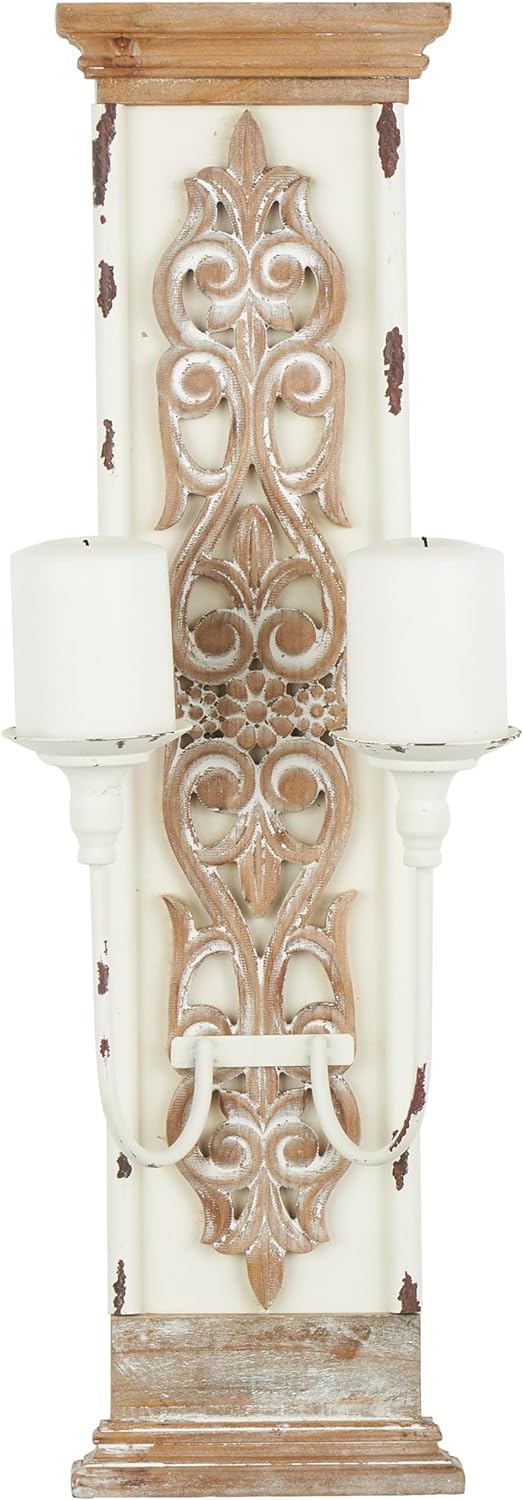 Deco 79 Wood Scroll Pillar 2 Plate Wall Sconce, 10 x 6 x 29, Brown