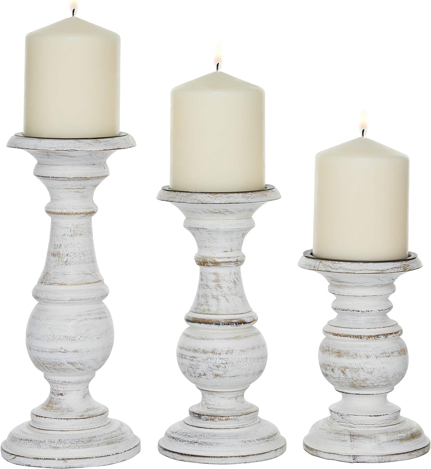 Deco 79 Mango Wood Turned Style Pillar Candle Holder with Distressed Pinkish Hue Finish, Set of 3 10, 8, 6H, White