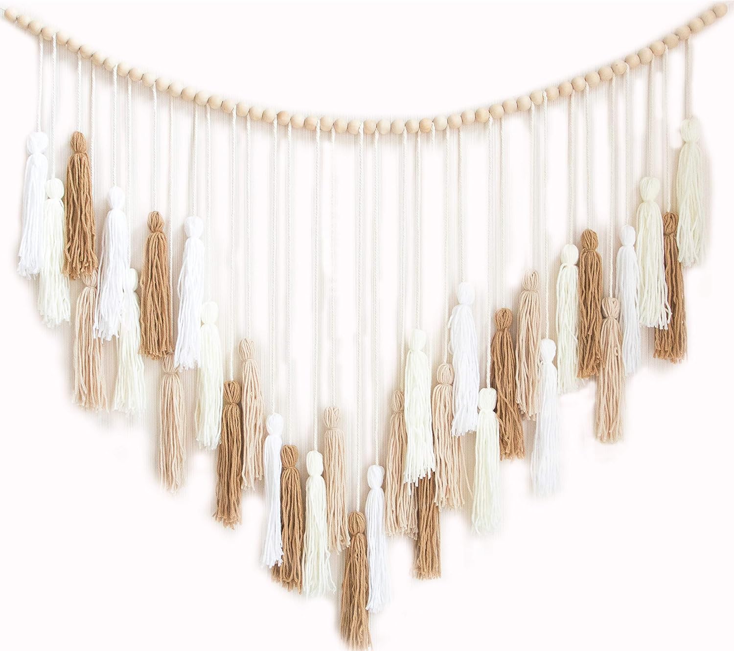 Decocove Large Macrame Wall Hanging with Wood Beads - Bohemian Wall Decor for Bedroom, Living Room and Kitchen - Cream and Beige - 35'' x 36''