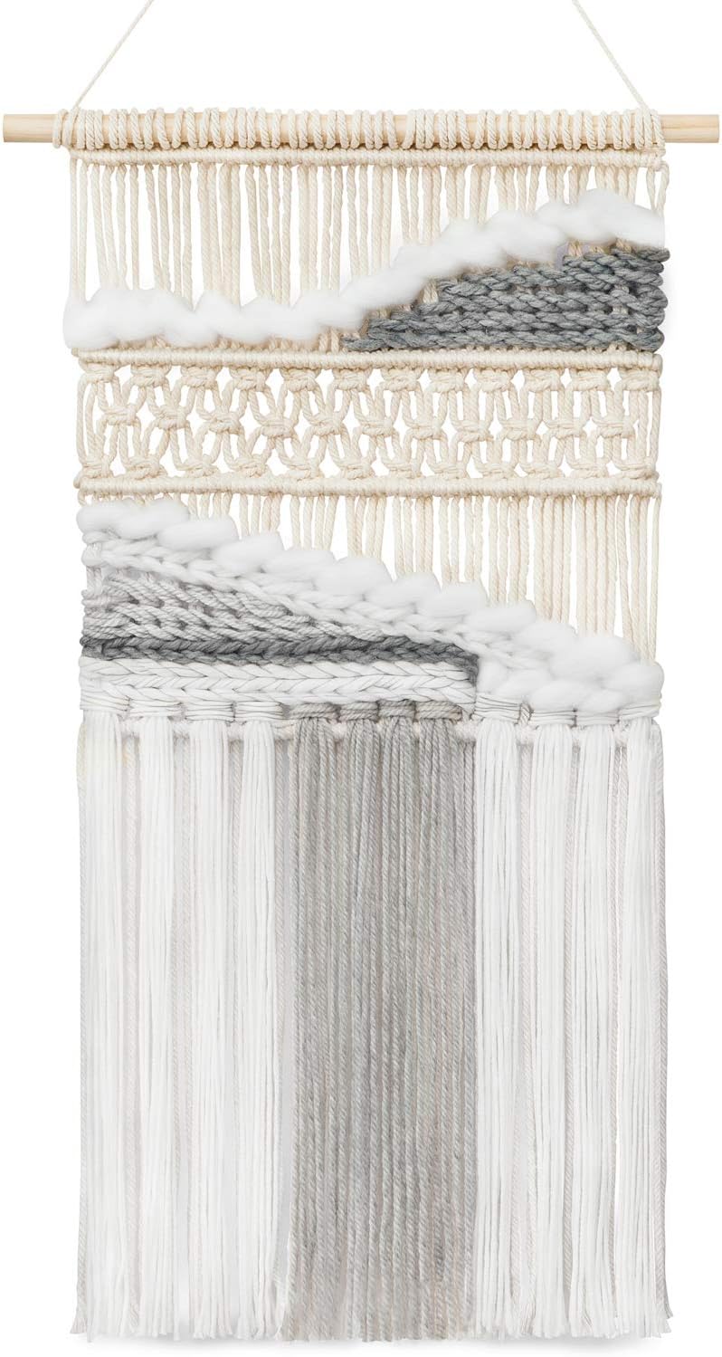 Mkono Macrame Wall Hanging Woven Boho Decor Gray Yarn Fringe Tassel Handmade Home Decoration for Bedroom Living Room Dorm Nursery Apartment, 12''W x 24.5''L