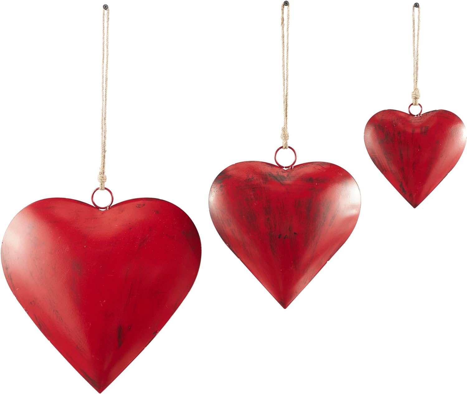 Deco 79 Metal Heart Tibetan Inspired Decorative Bells with Hanging Rope, Set of 3 12, 10, 7 H, Red